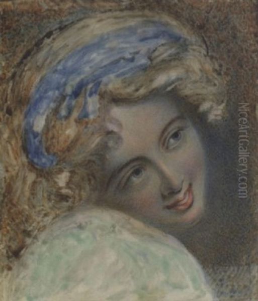 Unfinished Portrait Of Emma, Lady Hamilton, Wearing White Robes, A Blue Ribbon In Her Blonde Hair by Henry Bone