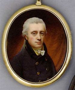 Mr. Wilson In Blue Coat With Gold Buttons And Black Collar, Yellow Waistcoat And Frilled Cravat, Powdered Hair, Red Curtain Background