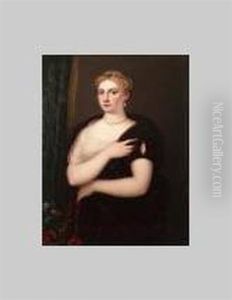 Sofonisba Regina, Wearing Single Shouldered Deep Burgundy Velvet Dress With Slashed Sleeve, White Gauze Underslip, Emerald Ring, Pearl Necklace, Drop Pearl Earring, Jewelled Headband And Pearls