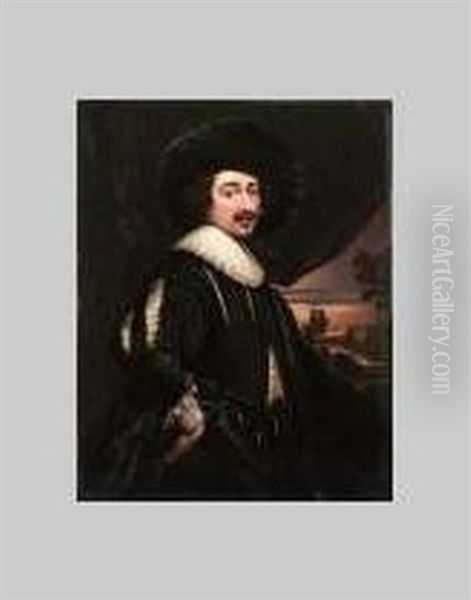 A Gentleman, Wearing Black Doublet Slashed To Reveal White, Layered White Laced Collar And Wide-brimmed Black Hat, Sunset Lake-scene With Trees And A Folly - view 1