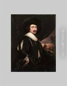 A Gentleman, Wearing Black Doublet Slashed To Reveal White, Layered White Laced Collar And Wide-brimmed Black Hat, Sunset Lake-scene With Trees And A Folly