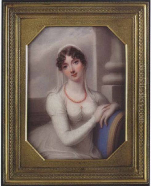Portrait Of Lady Cockerell Wearing White Dress With Coral Brooch At Her Corsage, White Veil In Her Curled Brown Hair And Coral Necklace - view 1