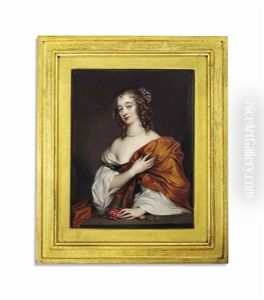 Anne Villiers, Countess Of Morton (c. 1610-1654), In White Dress And Gold Silk Shawl Draped Over Her Left Shoulder, Wearing Pearls, Her Left Hand Resting On A Plinth Set With Two Pink Roses Anne Villiers, Countess Of Morton (c. 1610-1654), In White Dress And Gold Silk Shawl Draped Over Her Left Shoulder, Wearing Pearls, Her Left Hand Resting On A Plinth Set With Two Pink Roses