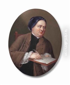 Samuel Richardson (1689-1761), Writing A Letter, Seated In Wooden Chair, Wearing Brown Coat Over Black Waistcoat, Blue Turban, A Quill In His Right Hand by Henry-Pierce Bone