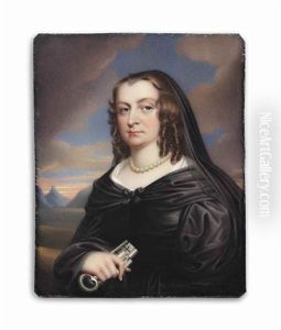 Lady Bankes, Nee Mary Hawtrey (d. 1661), In Widow's Dress, Gauze Veil, Pearl Necklace, Holding The Keys To Corfe Castle, Dorset, In Her Right Hand; Landscape Background With Corfe Castle In The Distance