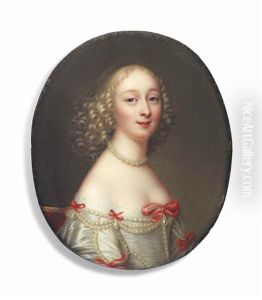 A Lady Called Ninon De L'enclos (1620-1705), In White Silk Dress Adorned With Strings Of Pearls And Pink Bows, Wearing A Pearl Necklace