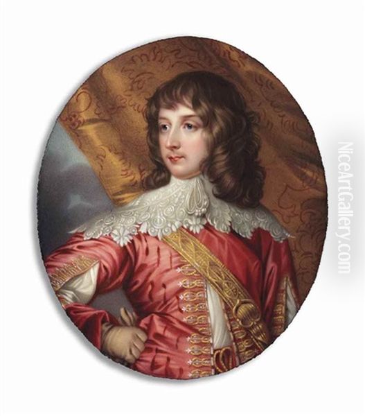 William Russell, 1st Duke And 5th Earl Of Bedford (1613-1700), Wearing Pink Doublet Slashed To Reveal White, Wide White Lace Collar, Gold Sword Belt Across His Chest, Embroidered Curtain Background - view 1