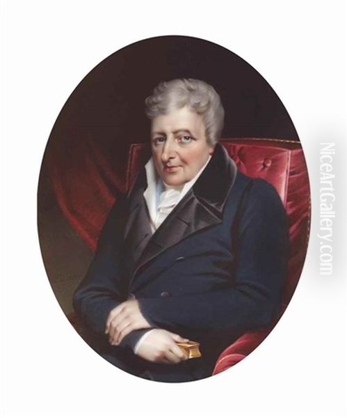 Alleyne Fitzherbert (1753-1839), 1st Baron St Helens, In Navy Double-breasted Frock Coat With Black Satin Lapels, White Stand-collar Waistcoat, White Frilled Cravat And Stock, Seated, Holding A Gold Snuff-box In His Right Hand; Red Curtain Background - view 1