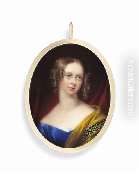 Emily Mary, Countess Of Craven, Nee Grimston (d. 1901) In Blue Off-the-shoulder Dress With Mustard-coloured Stole With Elaborate Border - view 1