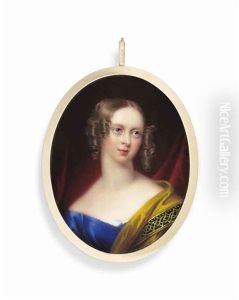 Emily Mary, Countess Of Craven, Nee Grimston (d. 1901) In Blue Off-the-shoulder Dress With Mustard-coloured Stole With Elaborate Border