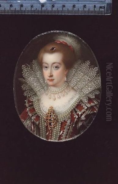 Anne Of Denmark, Queen Consort, Wearing Red-brown Dress Trimmed With White Silk And Pearls, Large Jewelled Brooch At Her Corsage, Pearl Necklace, Pendant Pearl Earrings, Standing White Lace Collar - view 1