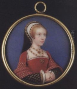 Elizabeth, Lady Audley Wearing Red Velvet Dress With Gold-figured Short Sleeves Adorned With Pearls, Black Sleeves Embroidered With Gold Diamonds, Headdress, Jewelled Necklaces And Brooch