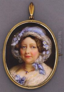 Princess Augusta Sophia In Dress With Blue Bow At Corsage, Lace Shawl, Gold Necklace With Pendant, Spotted Muslin Cap And White Flowers In Her Brown Hair