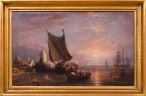 River Scene At Sunset by George Robert Bonfield