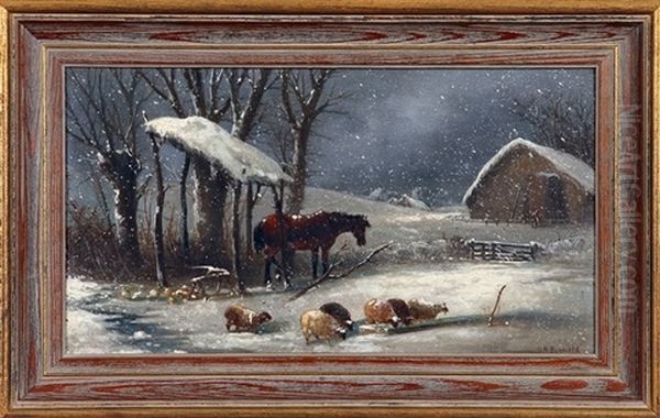 Nocturnal Winter Scene With Falling Snow And Farm Animals By Stable - view 1