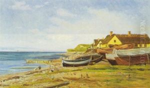 Kystparti Fra Hundested Med Optrukne Bade Og Strataekte Huse by Louise Marie Magdalene Bonfils