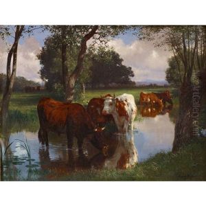 Cattle Watering In A Stream by Auguste Bonheur