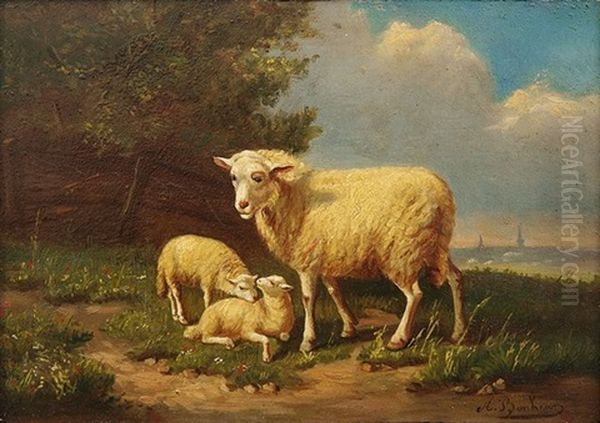 In Sommerlicher Landschaft Schaf Mit Zwei Lammern - view 1