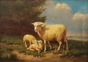 In Sommerlicher Landschaft Schaf Mit Zwei Lammern by Auguste Bonheur