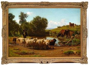 Schafherde Und Hirte In Sommerlicher Landschaft