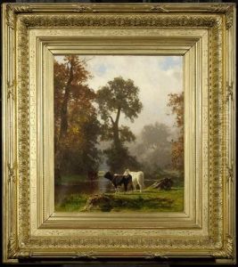 Waldlandschaft Mit Kuhen Am Ufer by Auguste Bonheur