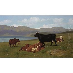 Cattle Grazing On A Hillside With A Lake In The Near Distance by Auguste Bonheur