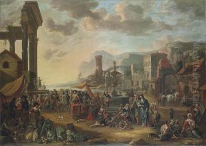 A Capriccio Of A Mediterranean Port City With A Market by Ambrogio Antonio Alciati