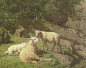 A Summer Landscape With A Sheep And Two Lambs A Summer Landscape With A Sheep And Two Lambs