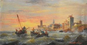L'arrivee Des Barques Sur Une Mer Houleuse by Ferdinand Bonheur