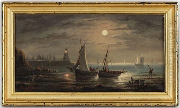 Bateaux De Pecheurs Dans La Rade Au Clair De Lune - view 1