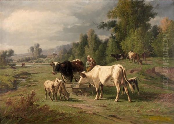 Vaches, Veau Et Moutons A L'abreuvoir - view 1