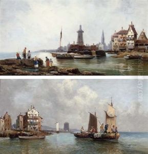 Waiting For The Catch (+ Fishing Off A Northern European Town; Pair) by Ferdinand Bonheur