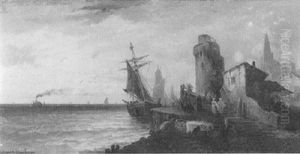 Vue D'un Port De Peche Anime A La Tombee De La Nuit by Ferdinand Bonheur