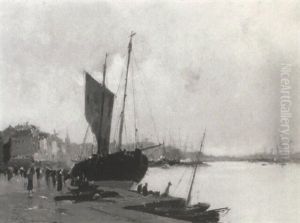 A Harbor With Figures On A Quay