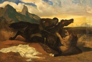 Combat Entre Un Cavalier Africain Et Un Felin (after Alfred De Dreux)