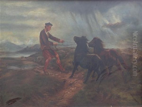 Ghillie And Two Shetland Ponies In A Misty Landscape - view 1