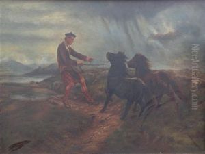 Ghillie And Two Shetland Ponies In A Misty Landscape by Rosa Bonheur