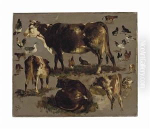 Studies Of Cows, Hens, Roosters, A Goose And A Sheep by Rosa Bonheur