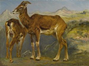 A Sketch Of Two Mountain Goats In A Landscape by Rosa Bonheur