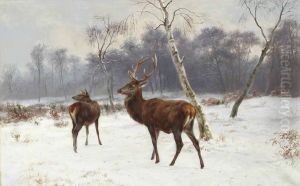 Cerf Et Biche Dans Un Paysage Enneige by Rosa Bonheur