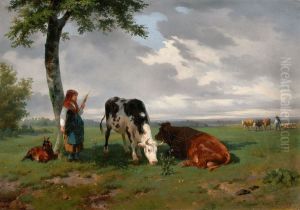 A Shepherdess With A Goat And Two Cows In A Meadow by Rosa Bonheur