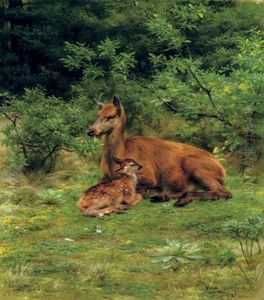 Biche Et Faon Dans Un Sous-bois - A Doe And Her Fawn In A Thicket by Rosa Bonheur