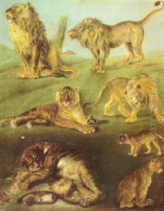 A Group Of Lions, Tigers, An Ocelot And A Leopard by Rosa Bonheur