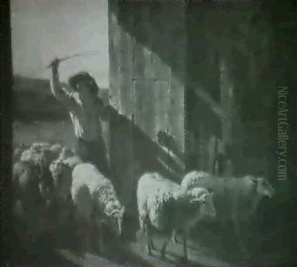 A Shepherd And Sheep In A Barn Doorway - view 1