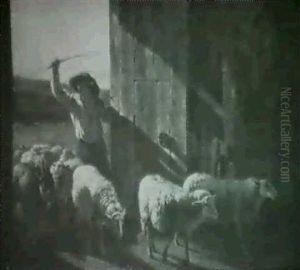 A Shepherd And Sheep In A Barn Doorway by Rosa Bonheur