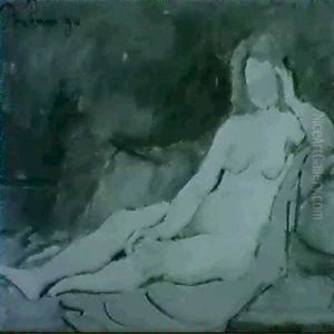 Woman On Yellow And Blue Couch by Leon Bonhomme