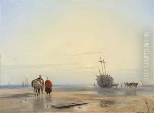 A Coastal Landscape With Fisherfolk, A Beached Boat Beyond by Richard Parkes Bonington