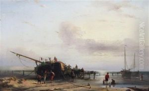 Fisherfolk And Boats At Low Tide by Richard Parkes Bonington