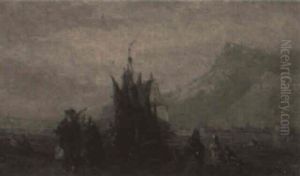 Fisherfolk And Boats At Low Tide by Richard Parkes Bonington