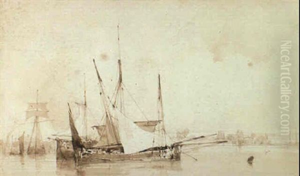 Sail Barges At Anchor In An Estuary - view 1
